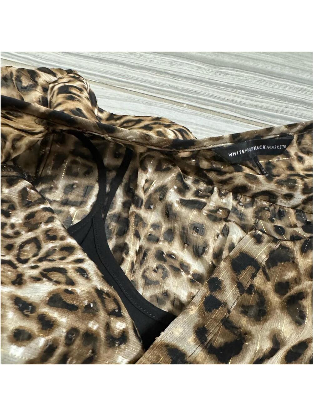 White House Black Market Brown Leopard Metallic V-neck Long Sleeve Dress- Size 6 - Picture 6 of 7